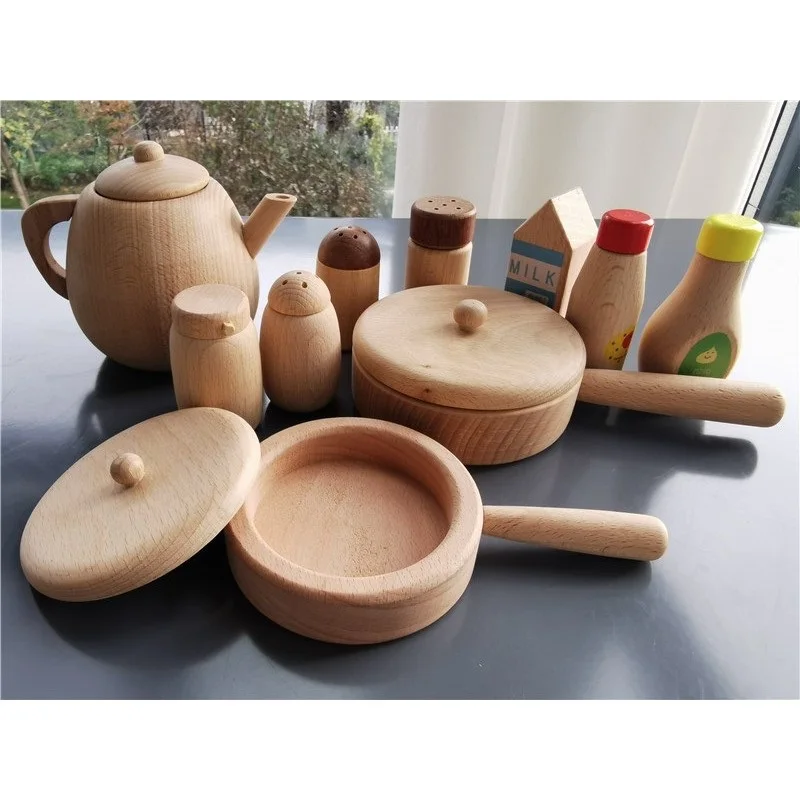 Juguete de madera Montessori para niños, tetera sensorial sin pintar, botella de condimento de salsa de madera, Aprendizaje Temprano