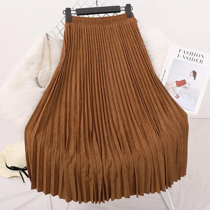 Women\'s Elegant Suede Midi Skirt Korean Vintage Female High Waist Pleated Thick Warm Skirts Mujer Faldas 2024 Fall Winter Sk622