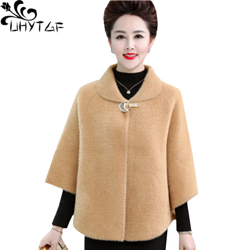 

UHYTGF Autumn winter wool coat women Quality mink cashmere elegant Short jacket fashion bat sleeve loose 4XL big Size Coat 1325