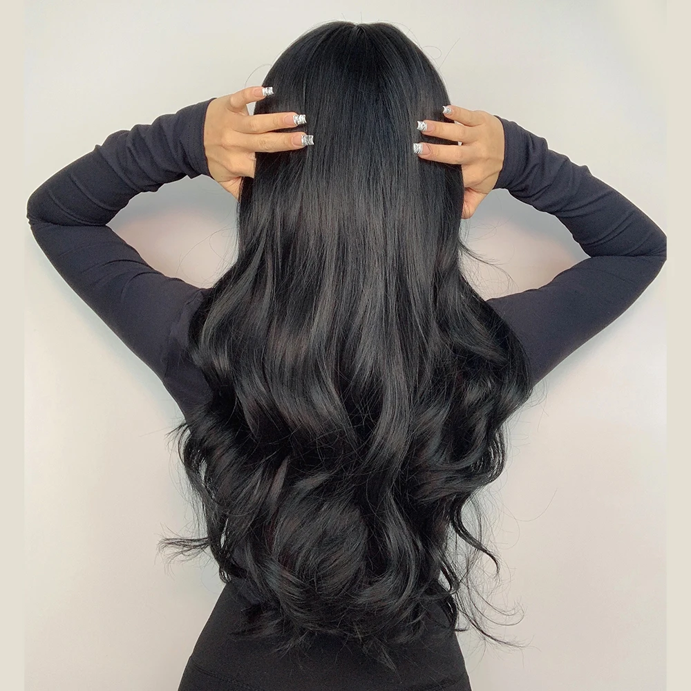 EASIHAIR Long Black Wavy Wigs with Bangs Water Wave Synthetic Wigs for Women Natural Hair Wigs Heat Resistant Black Hair Wig