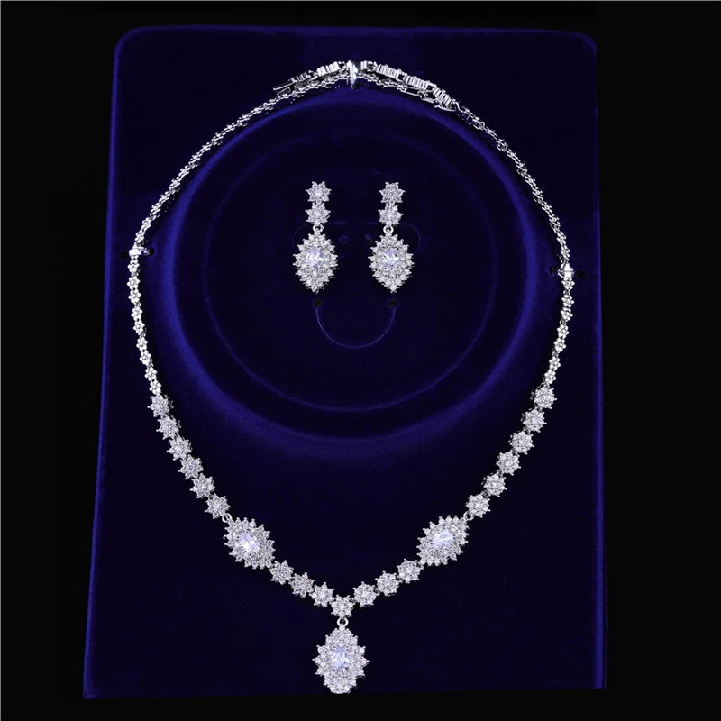 HUAMI Classic Water Drop Earrings Pendant Necklace Sets for Women Jewelry Luxury Material Silver Color Shine Zircon Wedding