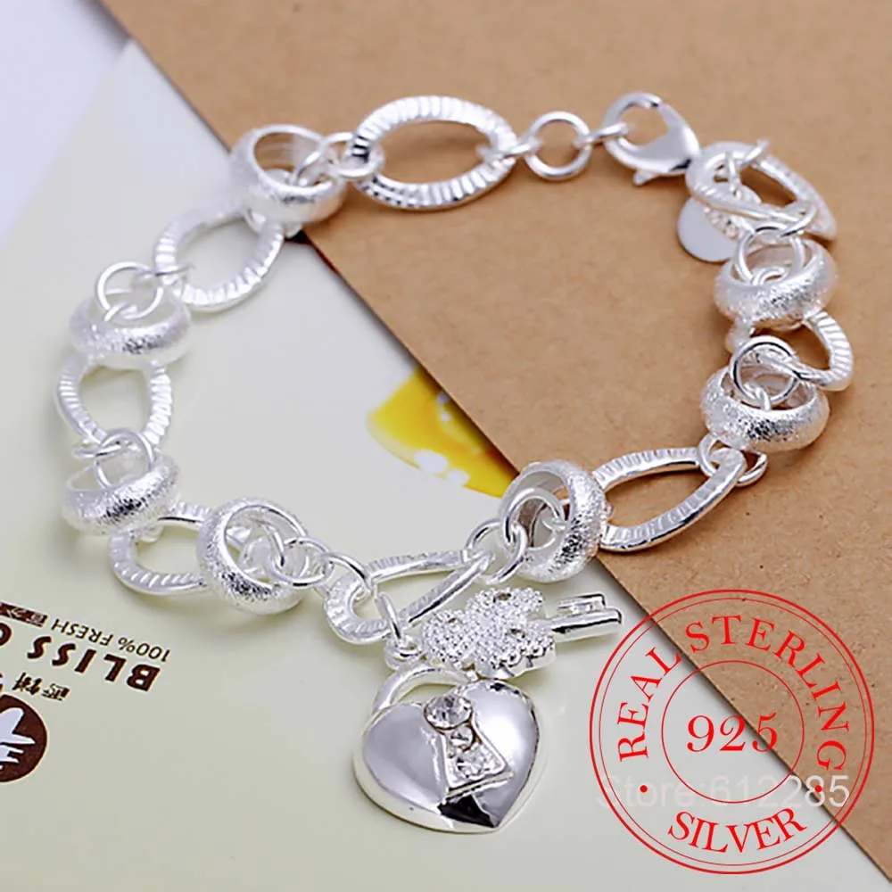 925 Silver Bracelet Women Bracelet 925 Sterling Silver Fine Jewelry Crystal Heart Lock Flower Simple Droplets Lobster Clasp