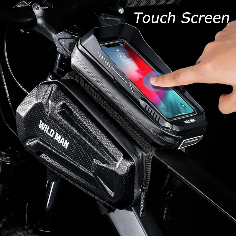 WILD MAN Rainproof Bicycle Frame Bag Front Hard Shell Bike Top Tube Bag Touch Screen Cycling Phone Bag 6.7 Inch Bike Accessories