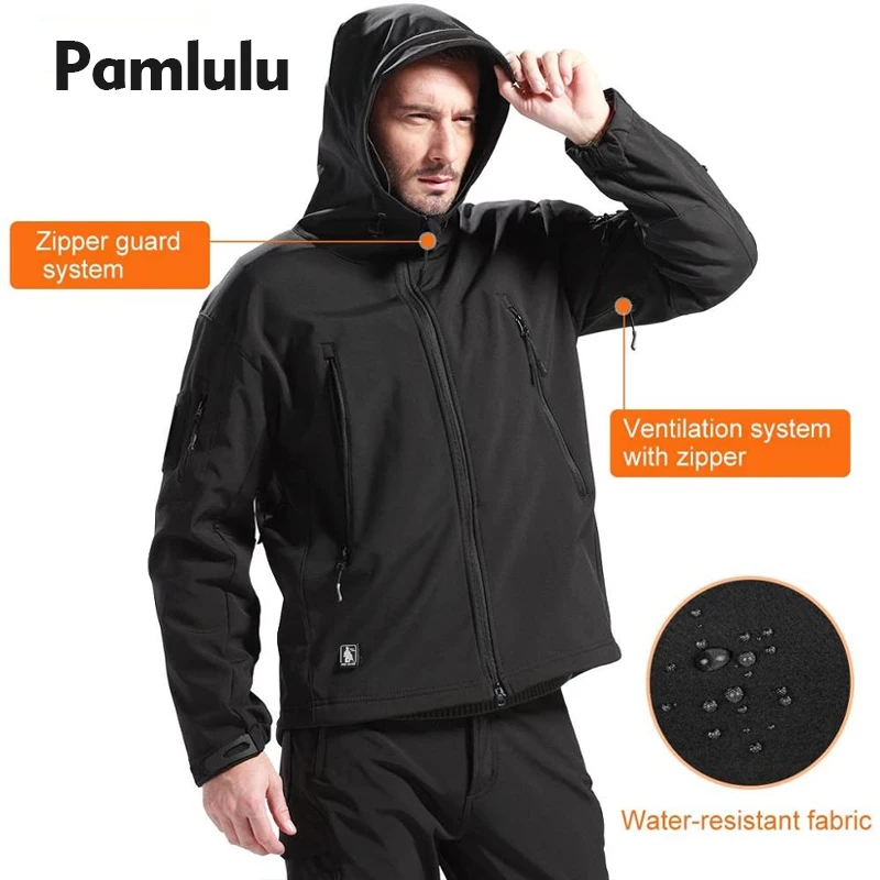 Pamlulu Waterproof Jackets for Men Spring Tactical Coat Windproof Softshell Front-Zip Jacket