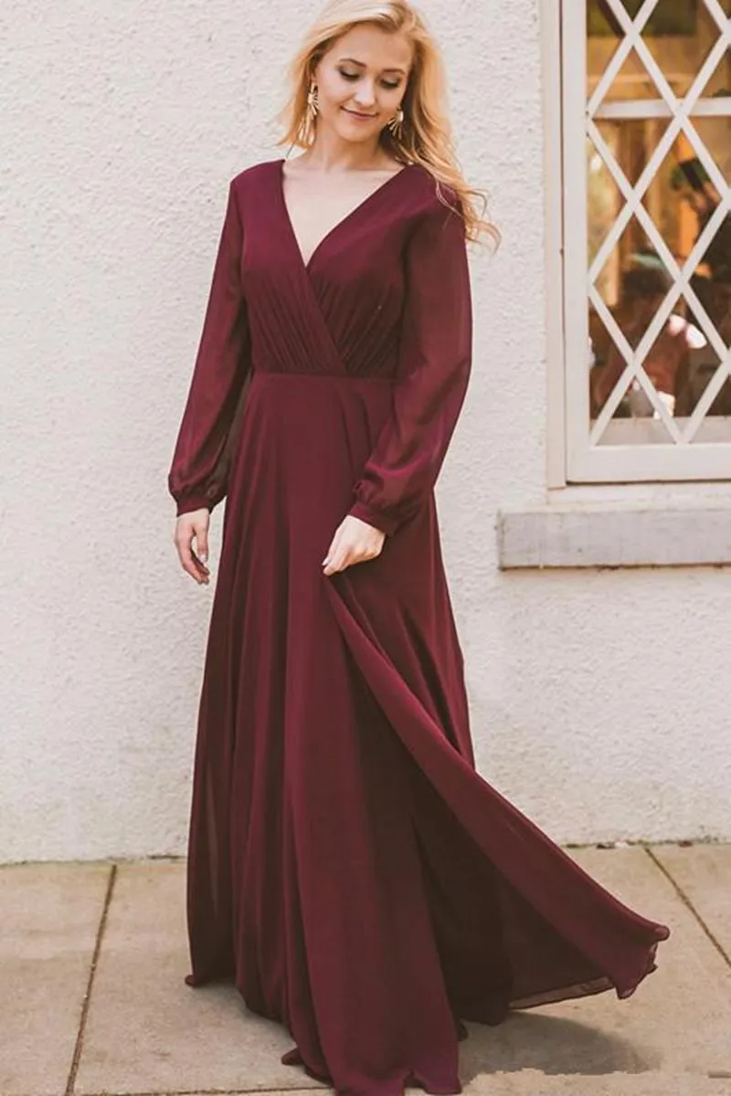 Boho V Neck Bridesmaid Dress Long Sleeves Ruched Floor Length Evening Gown Chiffon robes de soirée vestidos elegantes para mujer