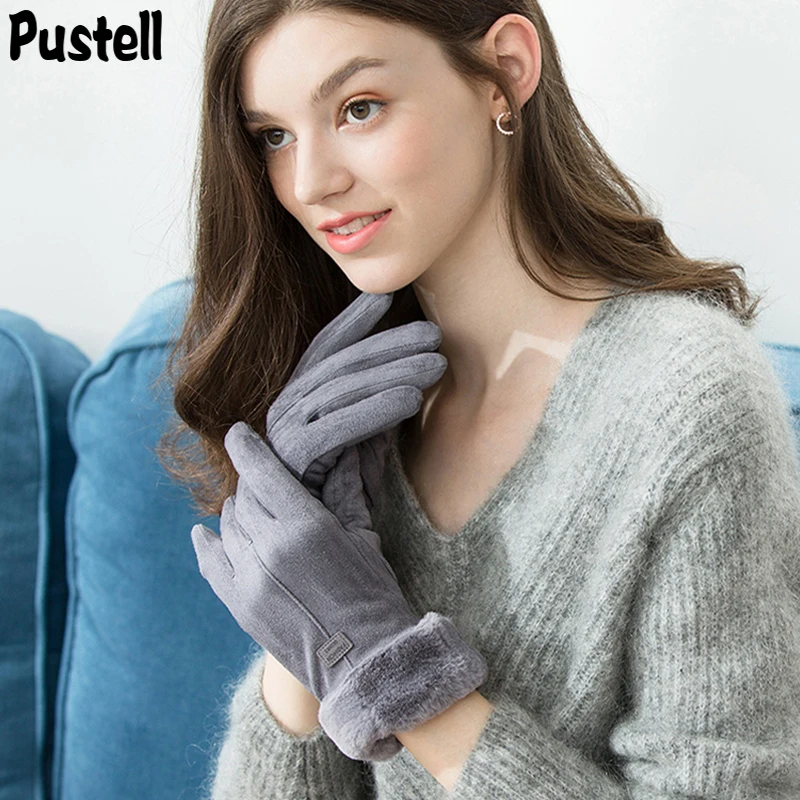 

Winter Gloves For Women Touch Screen Lady Suede Warm Plush Inside Finger Gloves Female Winter Elegant Soft Black Mittens Gloves