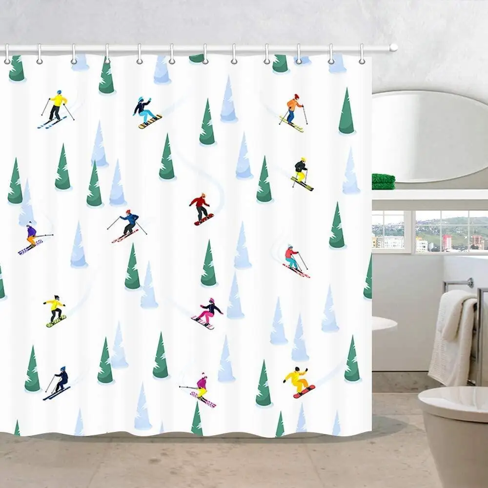 Winter Sports Shower Curtains,Motivational Skiing Sporter with Christmas Tree in Snow,Polyester Fabric New Year Bath Curtain Set