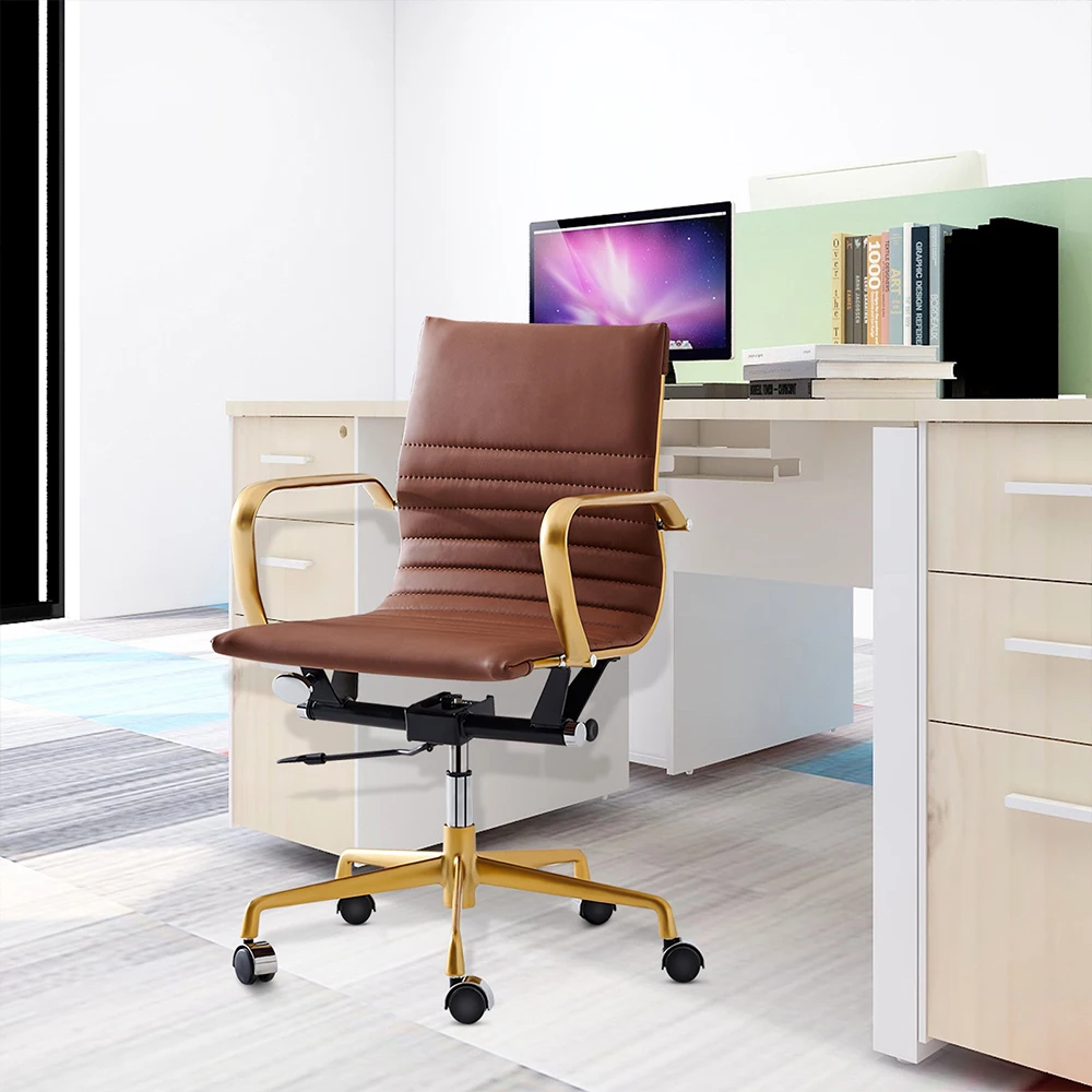 PU Leather Office Computer Chair Home Simple Lifting Study Swivel Art Backrest Brown Multiple Scenes Comfortable Safe[US-Stock]