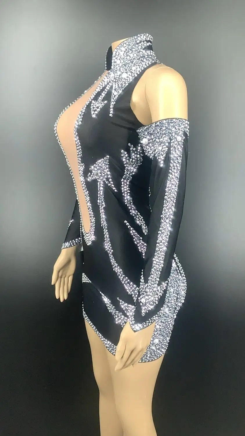 Women Prom Party Birthday Dresses Sparkly Silver Rhinestone Black Dress Sexy Transparent Short Dress Bar Nightclub Dance Costume