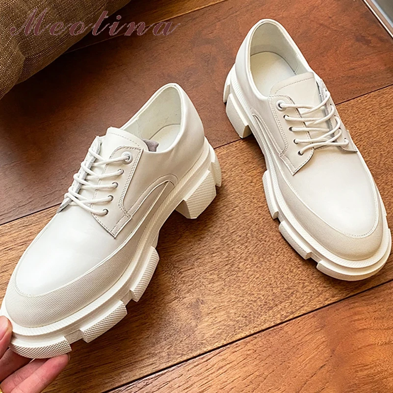 

Meotina Women Shoes Thick Med Heel Pumps Genuine Leather Fahion Shoes Lace Up Round Toe Ladies Footwear Spring Autumn White 40