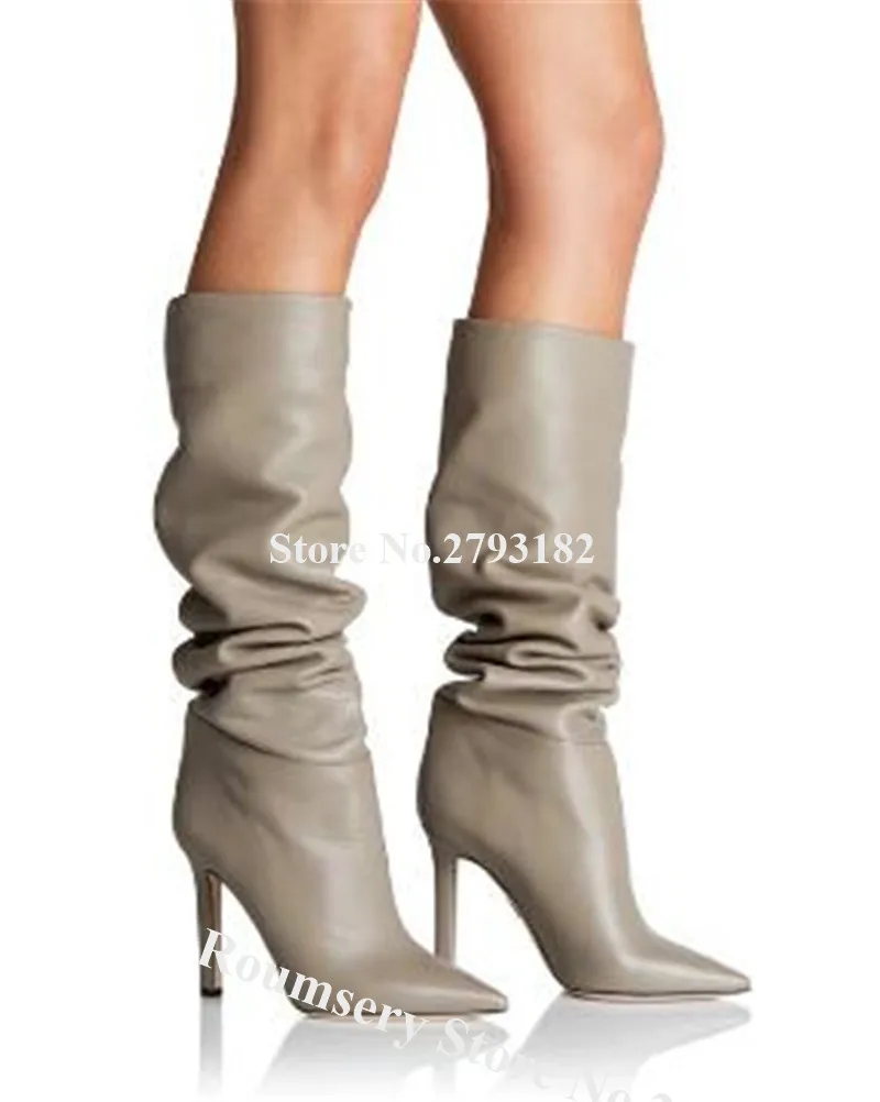 

Western Sexy Women Pointed Toe Stiletto Heel Knee High Boots Slip-on Pleated Leather Long High Heel Boots Formal Dress Shoes