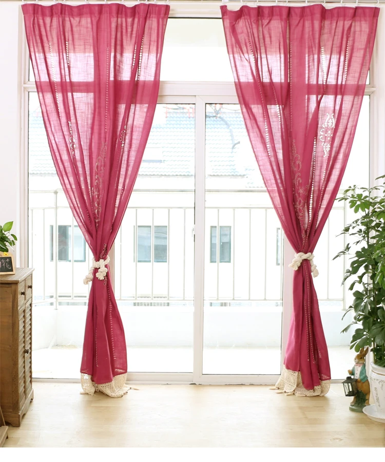 

Pastoral Cotton Semi-Blackout Curtains for Living Room Bedroom, Light Flittering Red Curtain, Lace Crochet Cortinas with Tassels