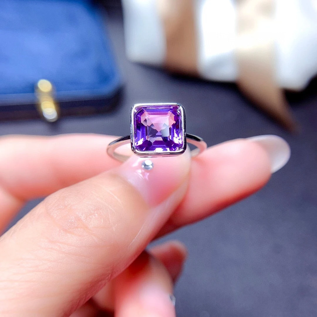 VVS Grade Amethyst Ring for Party 8mm Natural Amethyst Silver Ring Solid 925 Silver Amethyst Jewelry Gift for Woman