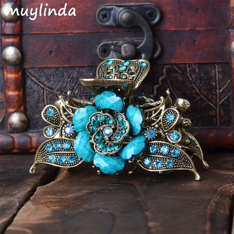 Vintage Hair Jewelry Antique Metal Flower Hair Claws Rhinestones Hair Clip For Women Girls