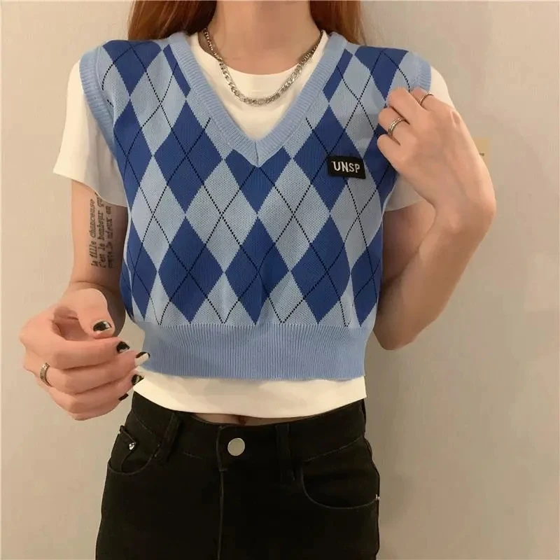 New V-neck Argyle Pullover Cropped Sweater Vest Harajuku Sleeveless Streetwear Knitted Sweater Korean Simple Loose Vest Sweater