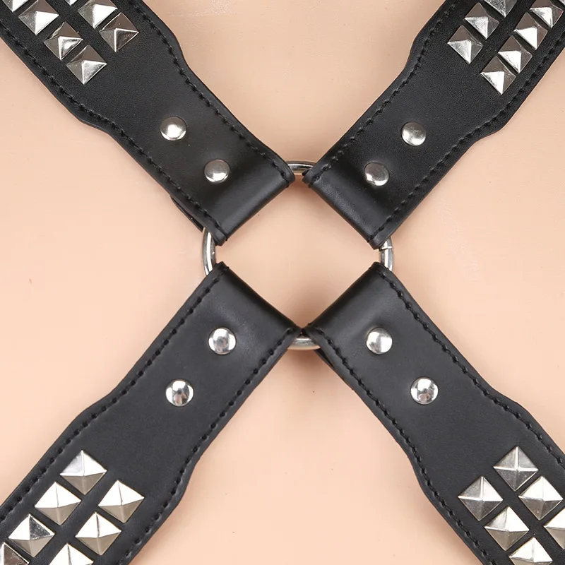 Kinky Men PU Leather Strap Muscle Body X Harness Top Vest Belt with Metal Studs Fetish Wear Macho Costume