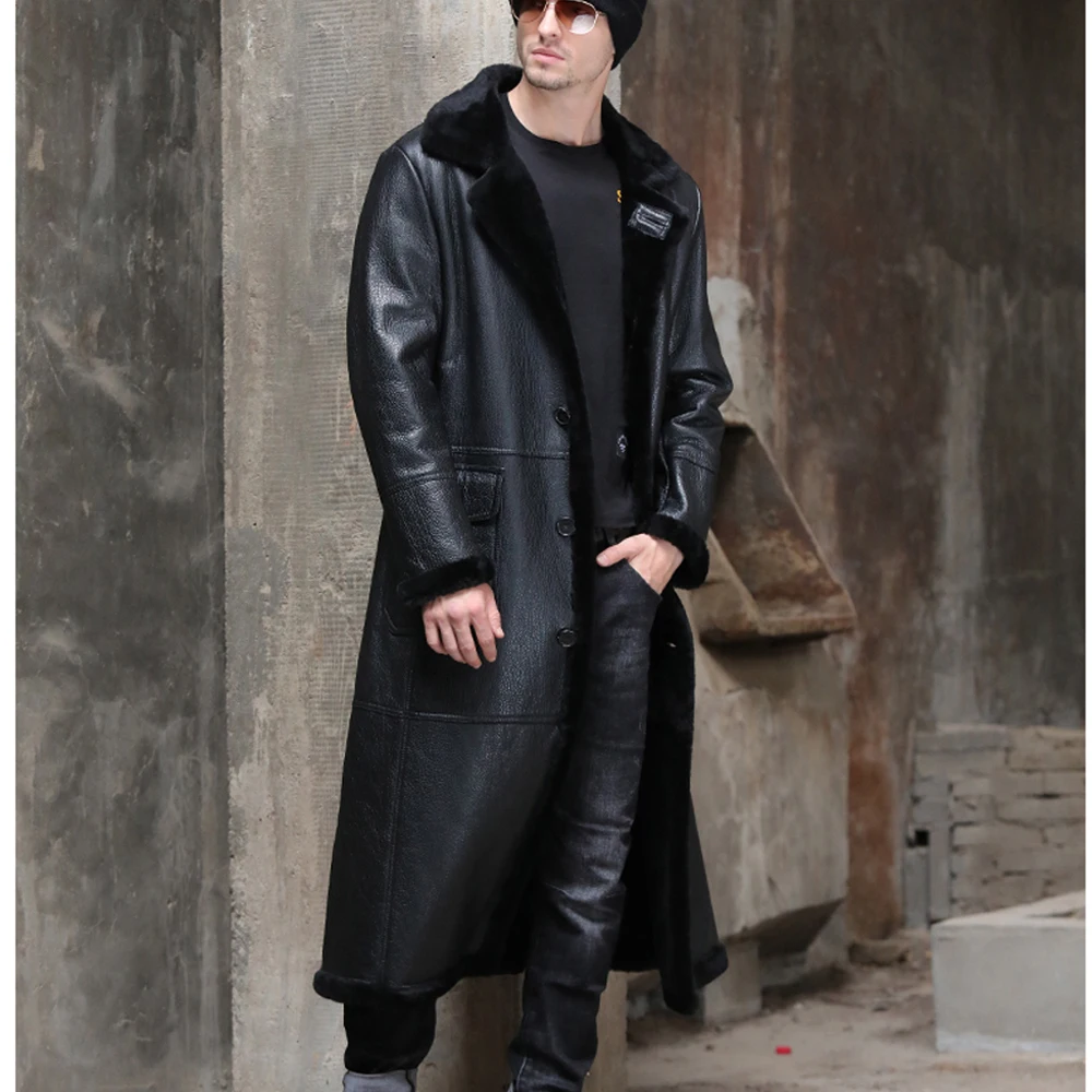 X-Long Genuine Sheep Shearling Jacket Real Fur Lining Sheep Skin Coat Male Winter Warm Jacket Men Fur Handsome Long Overcoat