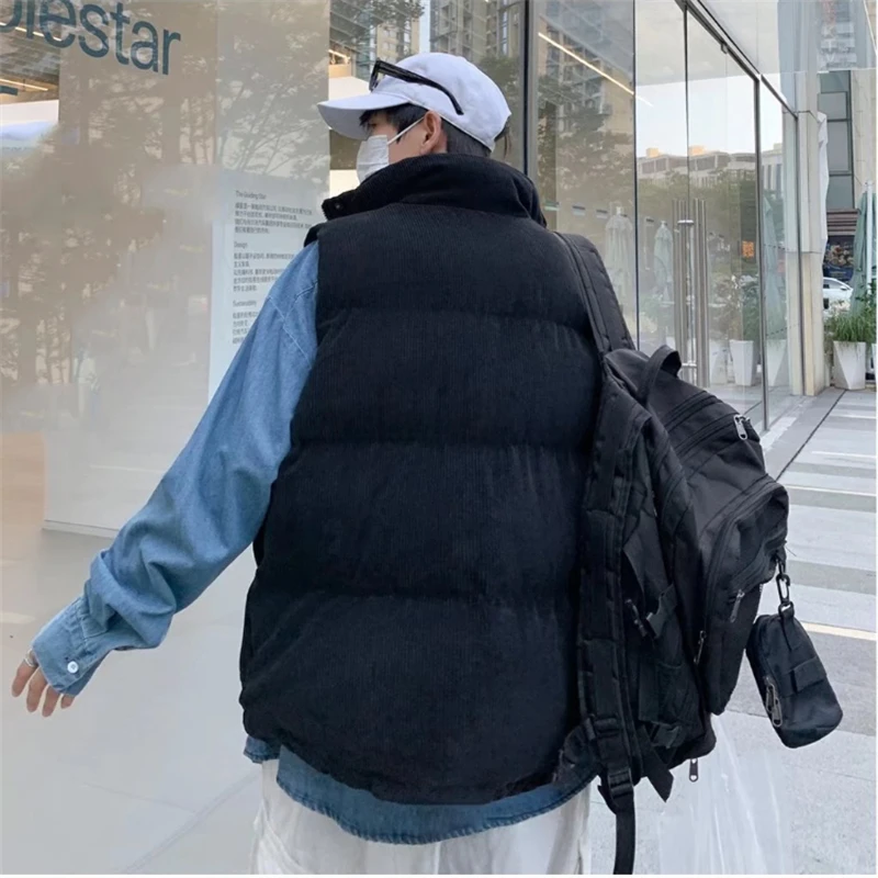 Men Vest Winter Warm Waistcoat Fashion Corduroy Sleeveless Outerwear Male Solid Color Fashion Streetwear Baggy Coats Vest