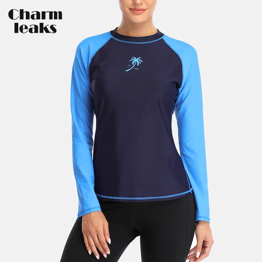 Charmleaks Women Rashguard Top Swimwear Long Sleeve Rash Guard Surfing Top Colorblock Swimsuit Diving Shirts UPF50+ Beach Wear