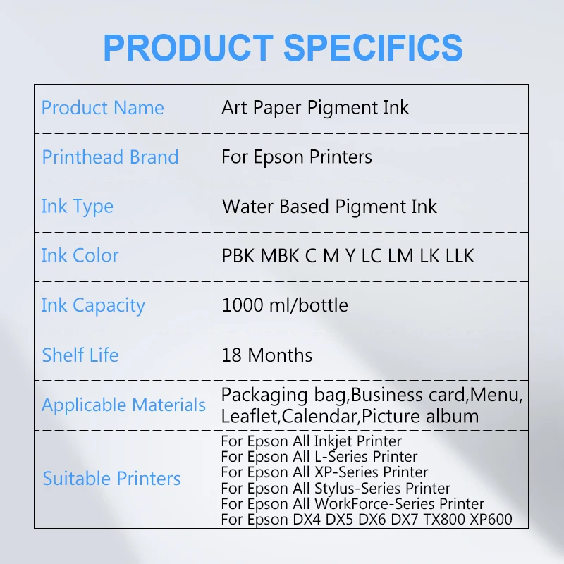 1000ML Art Paper Pigment Ink Artpaper Ink For Epson T50 P50 L1300 1390 L800 L1800 DX5 DX6 DX7 TX800 XP600 All Inkjet Printers