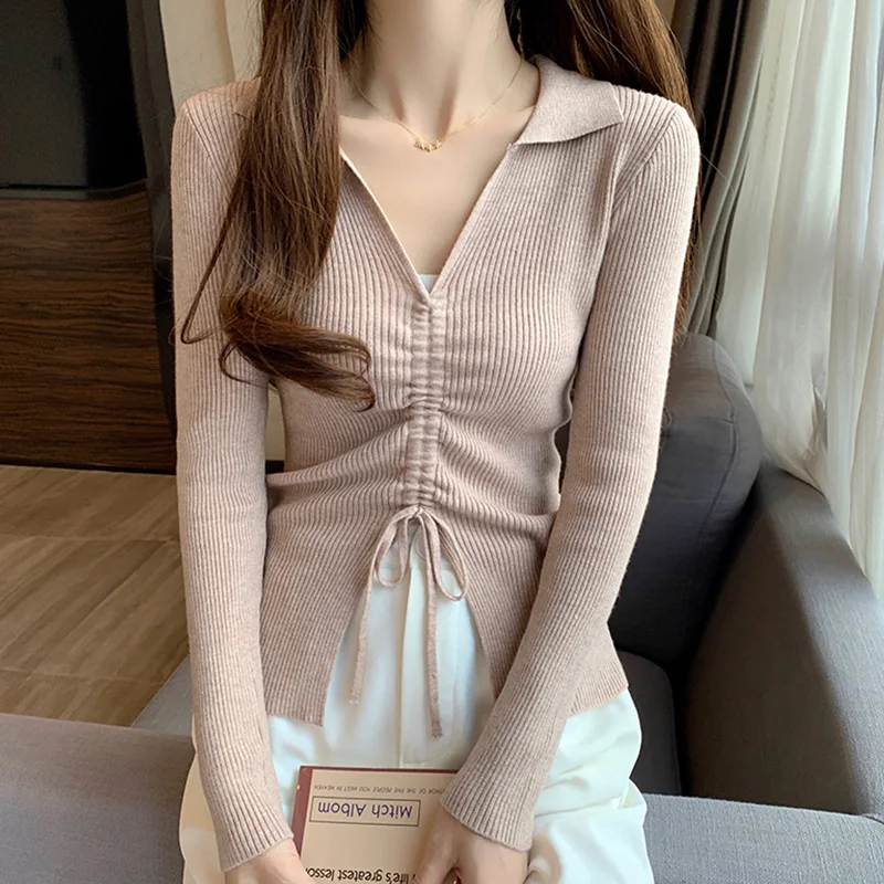 2022 Spring Polo Shirts Women Solid Drawstring Ribbed Tops Long Sleeve Primer Shirt Multipurpose Knitwear Female Clothing