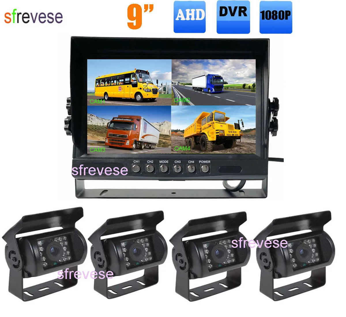 

9" AHD IPS 4CH Quad Split Car Rear View DVR Monitor + 4x AHD 1080P 4Pin 18 IR Parking Reverse Backup Camera Kit For RV Bus Truck