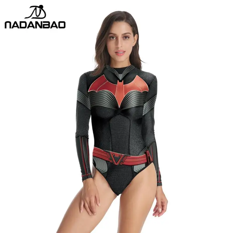 NADANBAO New 3D Printed Superheros Swimsuits Cosplay Batwoman Swimwear Long Sleeve Womens Rash Guard Swimming Surfing Shirt