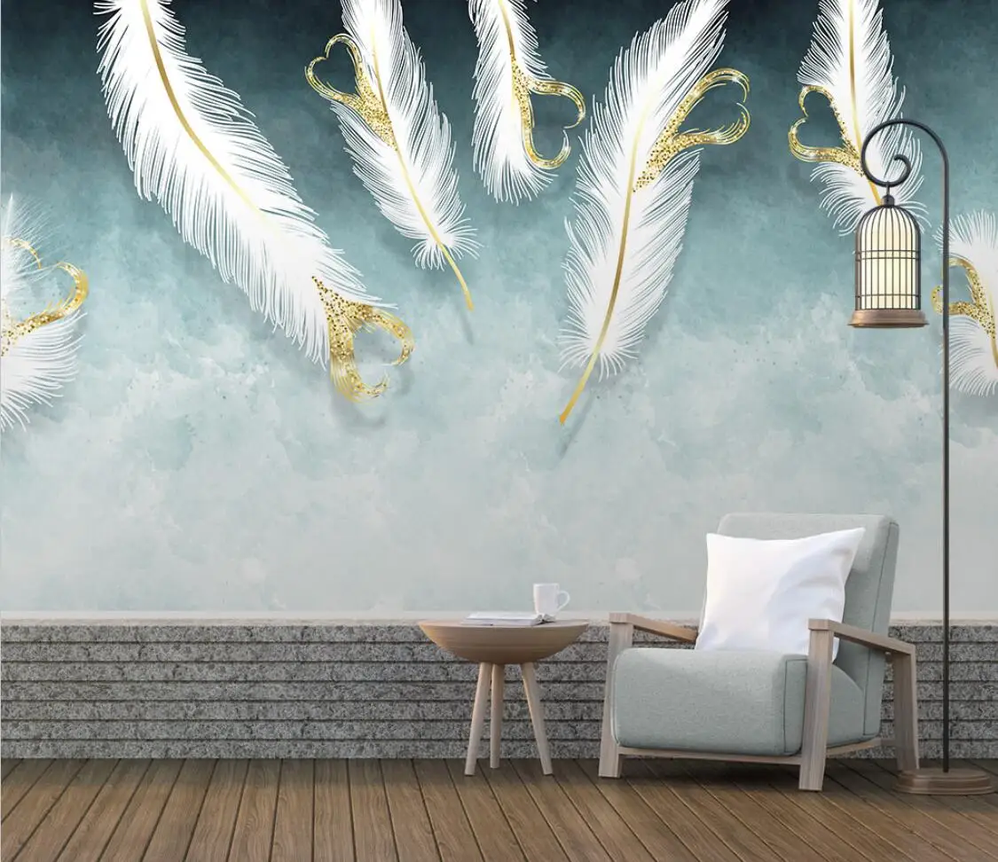 

beibehang Custom wallpaper mural large HD hand painted white heart-shaped feather background wall mural 3d wall sticker