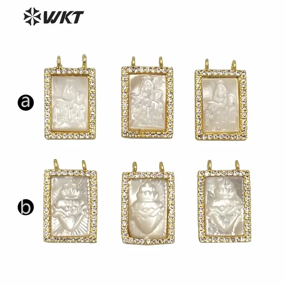 WT-MP181 WKT Wholesale Unique Double Loops Micropave Bezel Seting Natural Christian Religious MOP Heart Pendant 11x16mm