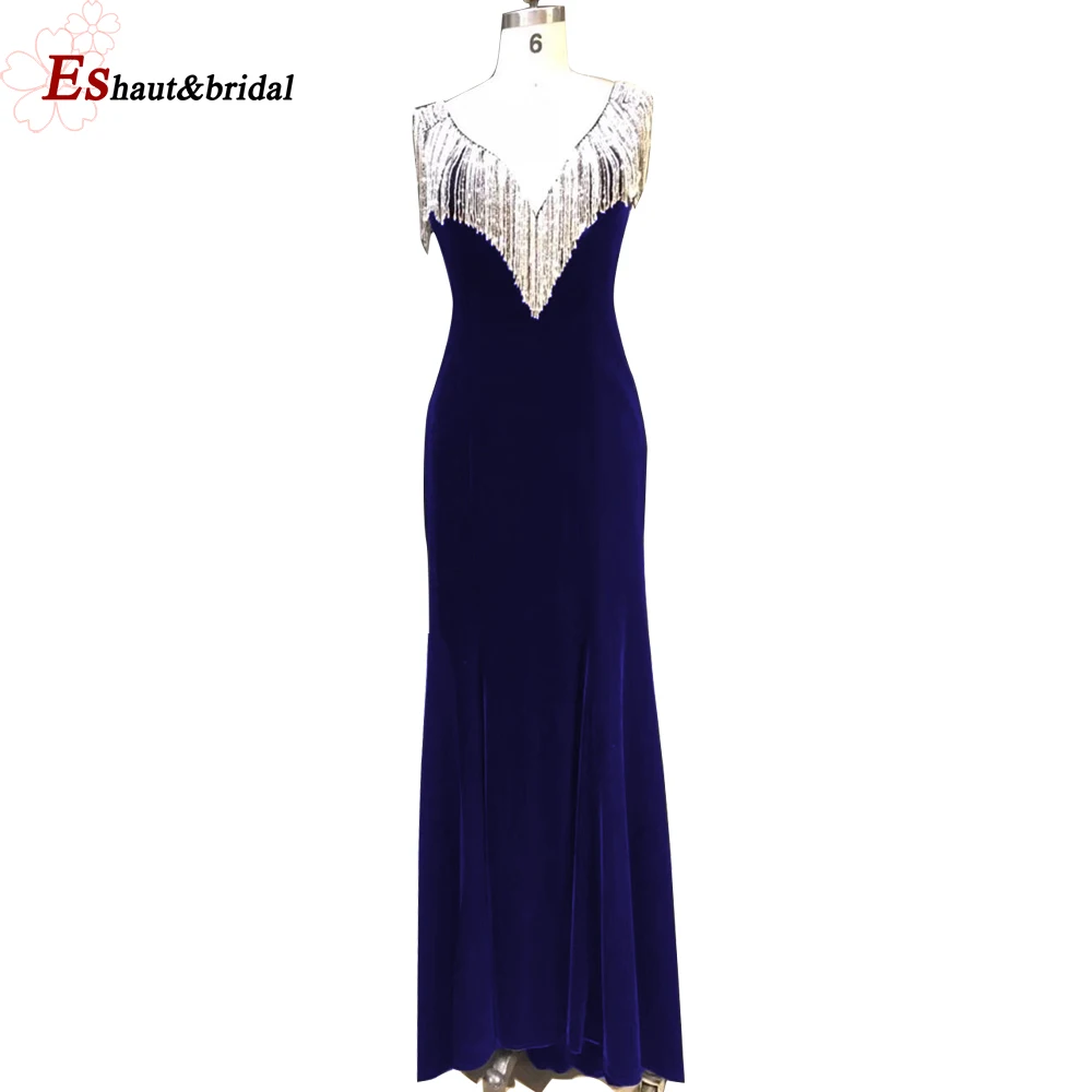 Vestido de noche de sirena con cuello en V para mujer, elegante vestido de noche con cuentas de cristal, borlas de terciopelo, largo, Formal, para fiesta de graduación y boda, 2023