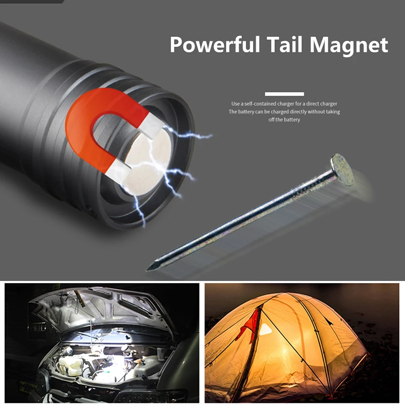 XM-L T6 Tail Magnet Built in 18650 Battery Led Flashlight Working Light Torch Zoomable Aluminum Waterproof for Camping Lantern