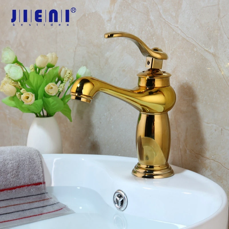 

JIENI Solid Brass Faucet Golden Polished Bathroom Basin Faucet Deck Mounted Vanity Mixer Tap Plumbing Fixture Stream Spout Tap