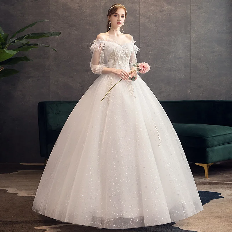 Vestido de casamento de manga comprida sexy, elegante fora do ombro, bordado com renda, vestido de noiva simples, Novo, 2023