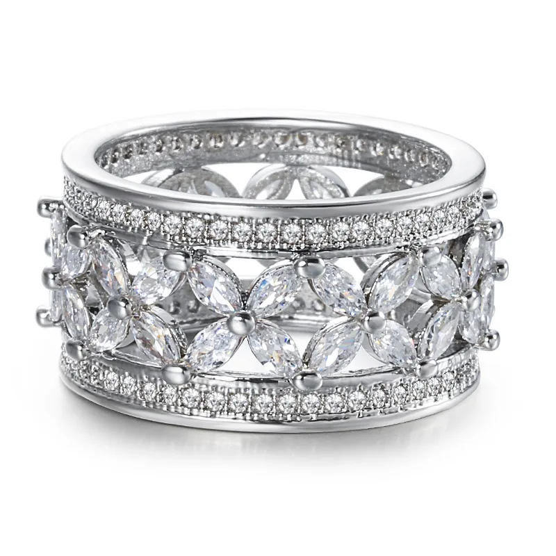 Ekopdee New Vintage Luxury Princess Flower Crystal Zirconia Wide Gold Rings For Women Fashion Female Party Jewelry