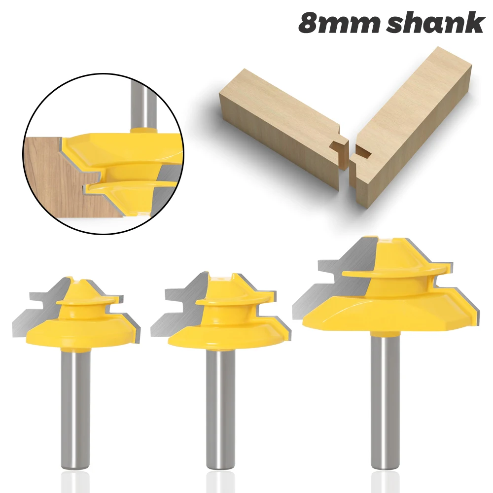 3Pcs 8มม.Bit Router Bit 45องศาล็อค Miter ตัดไม้เครื่องมือสำหรับไม้ Jointed Bits เครื่องมือ
