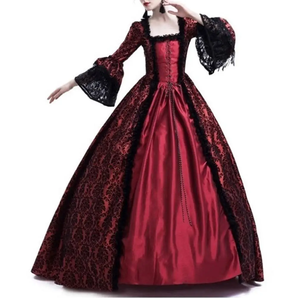 HOT SALES！！！Women Vintage Dresses Medieval Victorian  Court Lace Stitching Dress Gothic Long Sleeve Dress Cosplay Party Costume