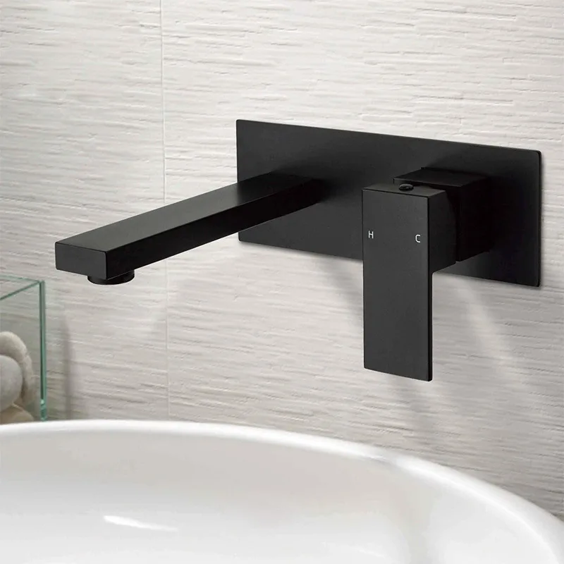 MTTUZK Matt Black Bathroom Square Basin Faucet Brass Hot Cold Mixer Taps Wall-Mounted Concealed Faucets