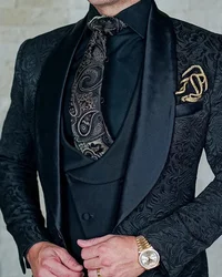 SZMANLIZI-Costume de Mariage 3 Pièces pour Homme, Veste de Smoking Noire à Motif Floral sur Mesure, 2024