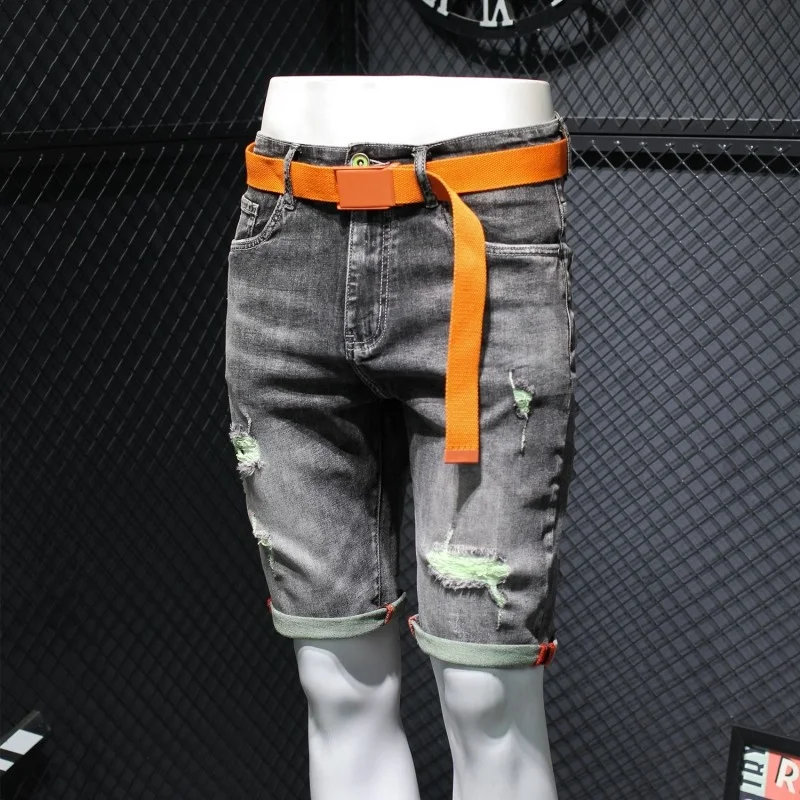 

Design Sashes Denim Shorts Men Summer Retro Hole Ripped Knee-Length Jeans High Street Zipper Slim Fit Casual Shorts Male 28-36