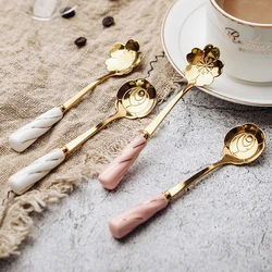 Stainless Steel Spoon with Ceramic Handle Flower Shape Tea Coffee Spoon Dessert Spoon Kitchen Tableware Ceramic Handle 1PCS