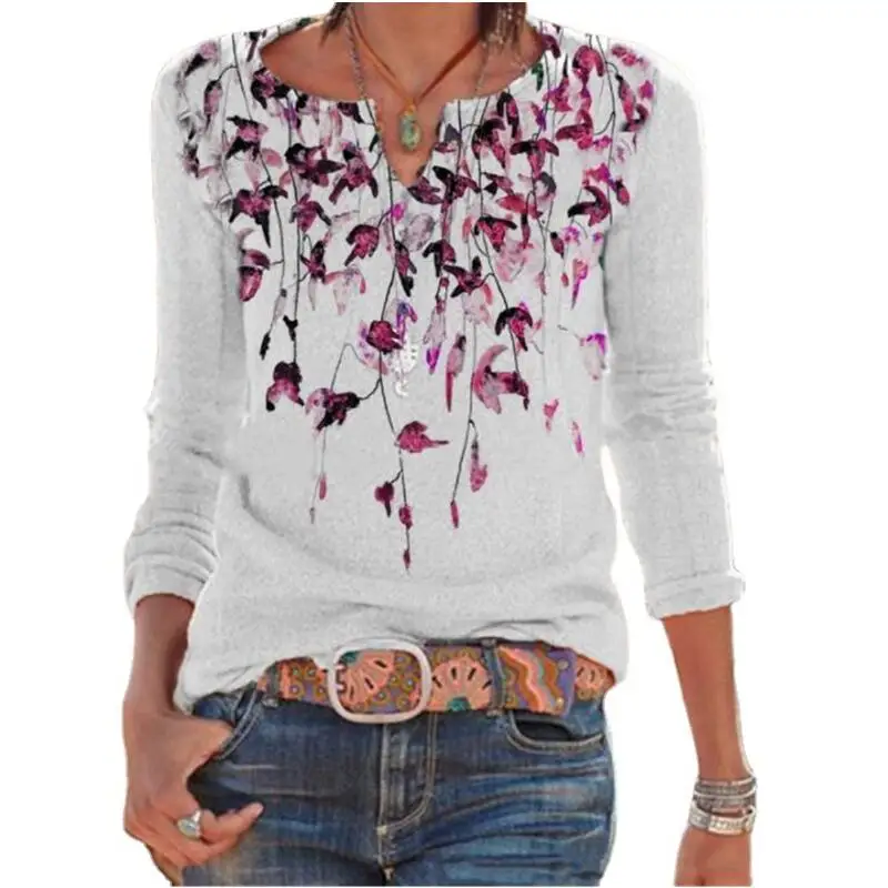 Nice Autumn Vintage Flower Print Shirt Women Casual V-neck Slim Fit Tops Pullover Long Sleeve Streetwear T Shirt Ladies Clothes