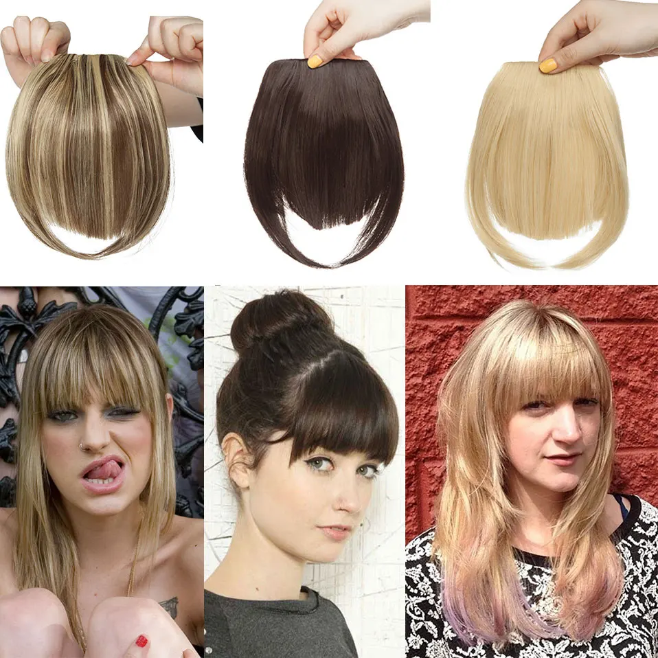 SNOILITE Synthetic Clip In Bangs Hair Extensions Black Brown Blonde Fake Fringe hairpiece 18colors blunt bangs for women