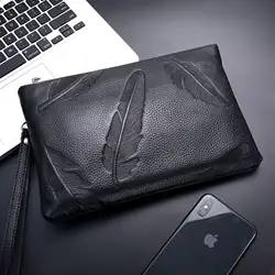 Bolso de mano de cuero genuino para hombre, cartera de mano de alta calidad para teléfono móvil, cartera tipo sobre, a la moda