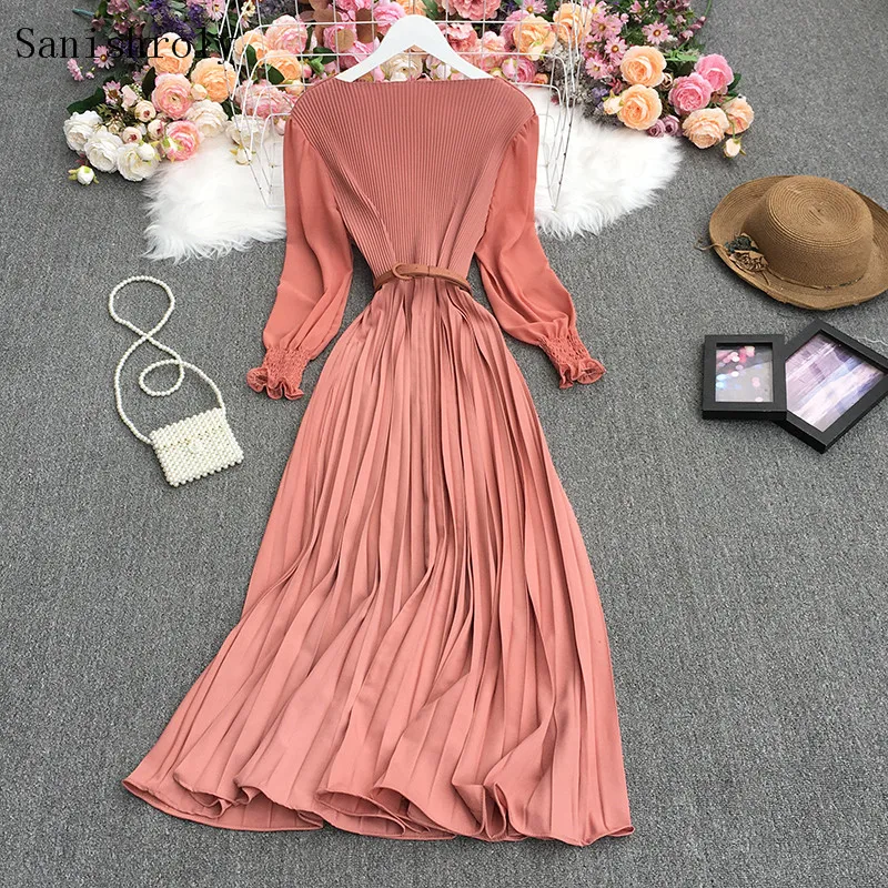 Elegant Long Pleated Dress Spring Autumn Women Chiffon Maxi Dress Lady Lantern Sleeve High Waist A Line Party Dresses With Belt