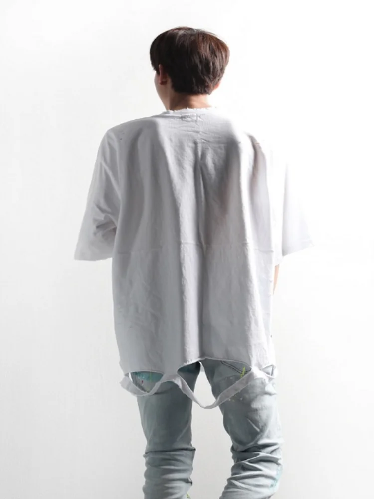 Men's Short Sleeve T-Shirt Summer New Personality Hole Solid Color Base Neutral Casual Casual Casual Large Size Bottom T-Shirt