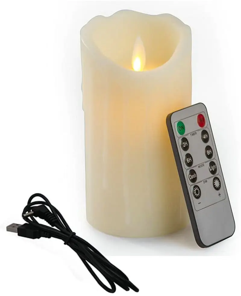 USB Rechargeable Flickering Paraffin Candle Flickering Pillar Tear Candle Remote control w/timer Moving wick Dripping wax f/Home