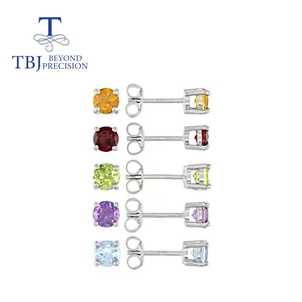 

Tbj ,Simple gemstone earring round 6mm 2ct natural citrine topaz peridot amethyst garnet 925 sterling silver fine jewelry gift