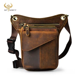 Original Leather men Brown Casual Fashion Small Shoulder Messenger Bag Designer Travel Belt Waist Pack Drop Leg Bag Male 211-3-d