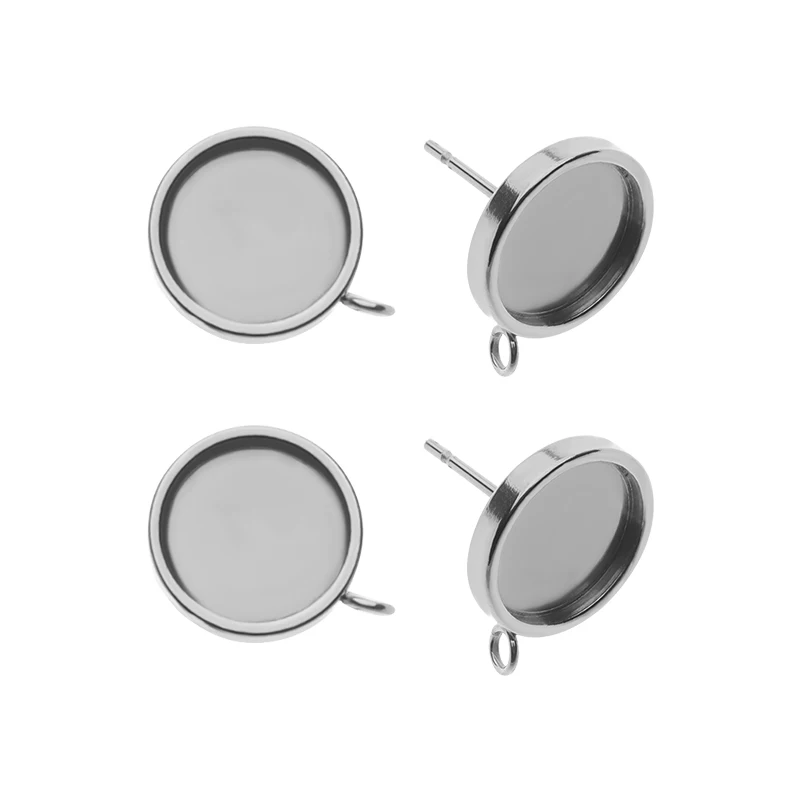 20pcs Stainless Steel 6/8/10/12mm Inner Round Blank Tray with 11mm Post Loop Ear Studs Base For DIY Jewelry Making Accessories