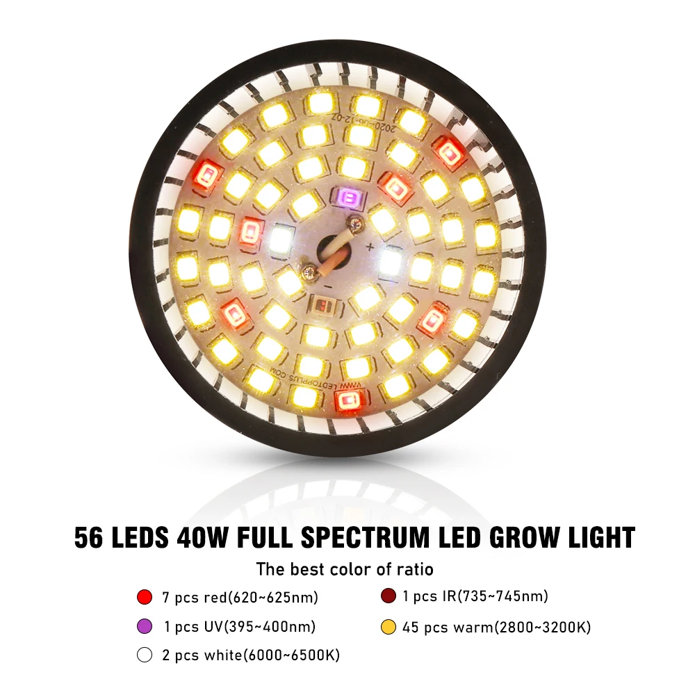 Lâmpadas LED Grow para Plantas de Interior, Lâmpada Phyto, IR, UV, Espectro Completo, E27, 40W, Hidroponia